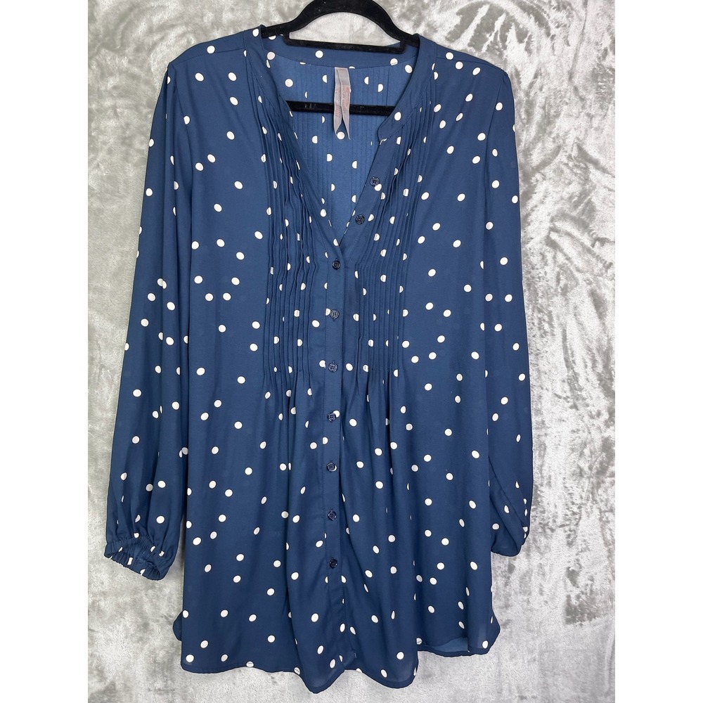 Melissa McCarthy Seven7 Tunic Top Womens 0X Polka Dot Pintuck Navy Blue Blouse